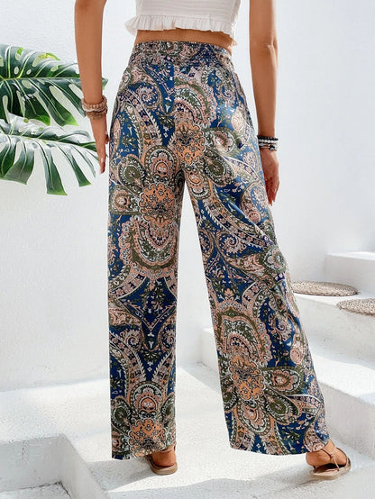 Paisley Printed Elastic Waist Wide Leg Pants