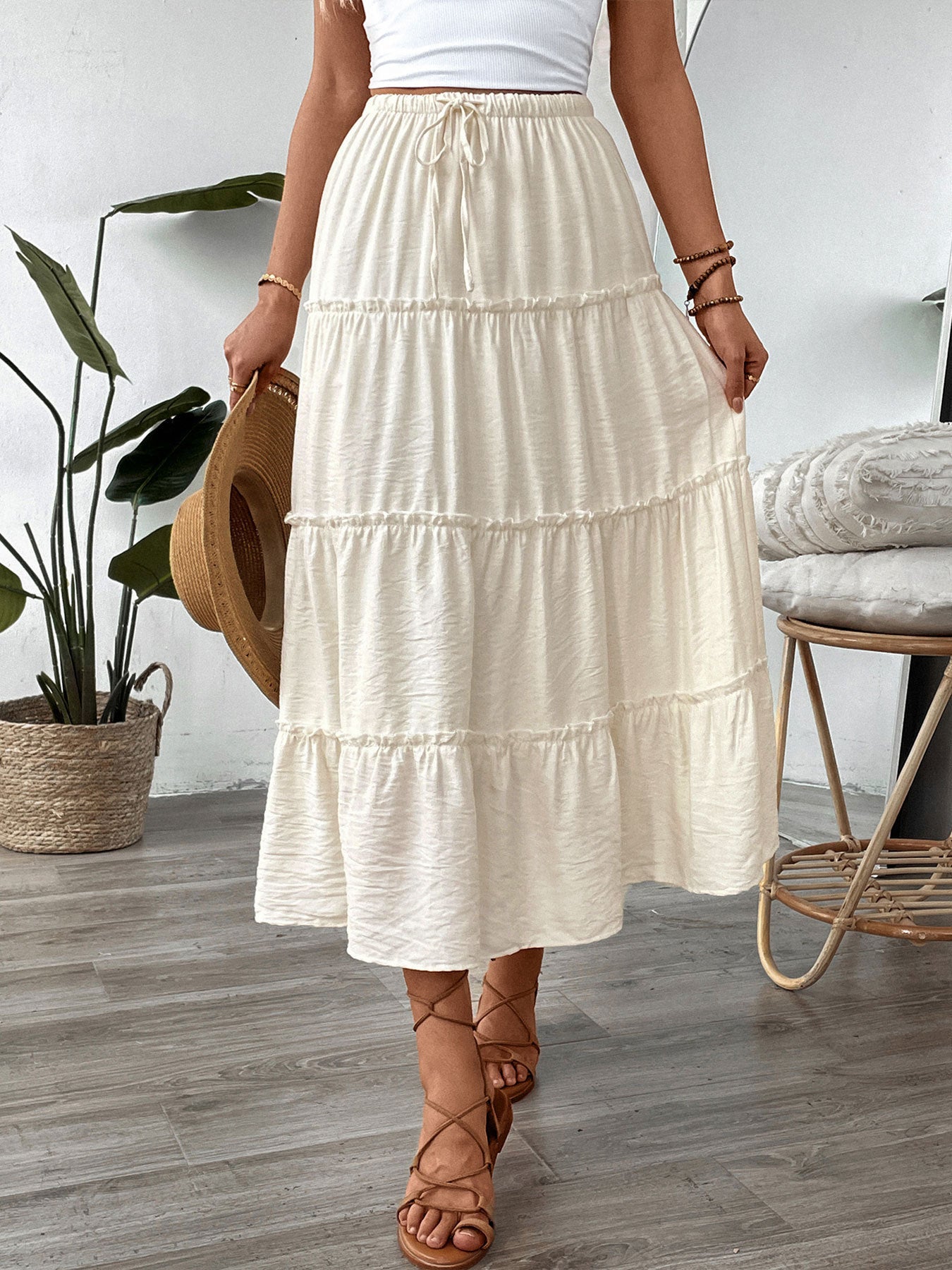 Ivory Tiered Midi Skirt