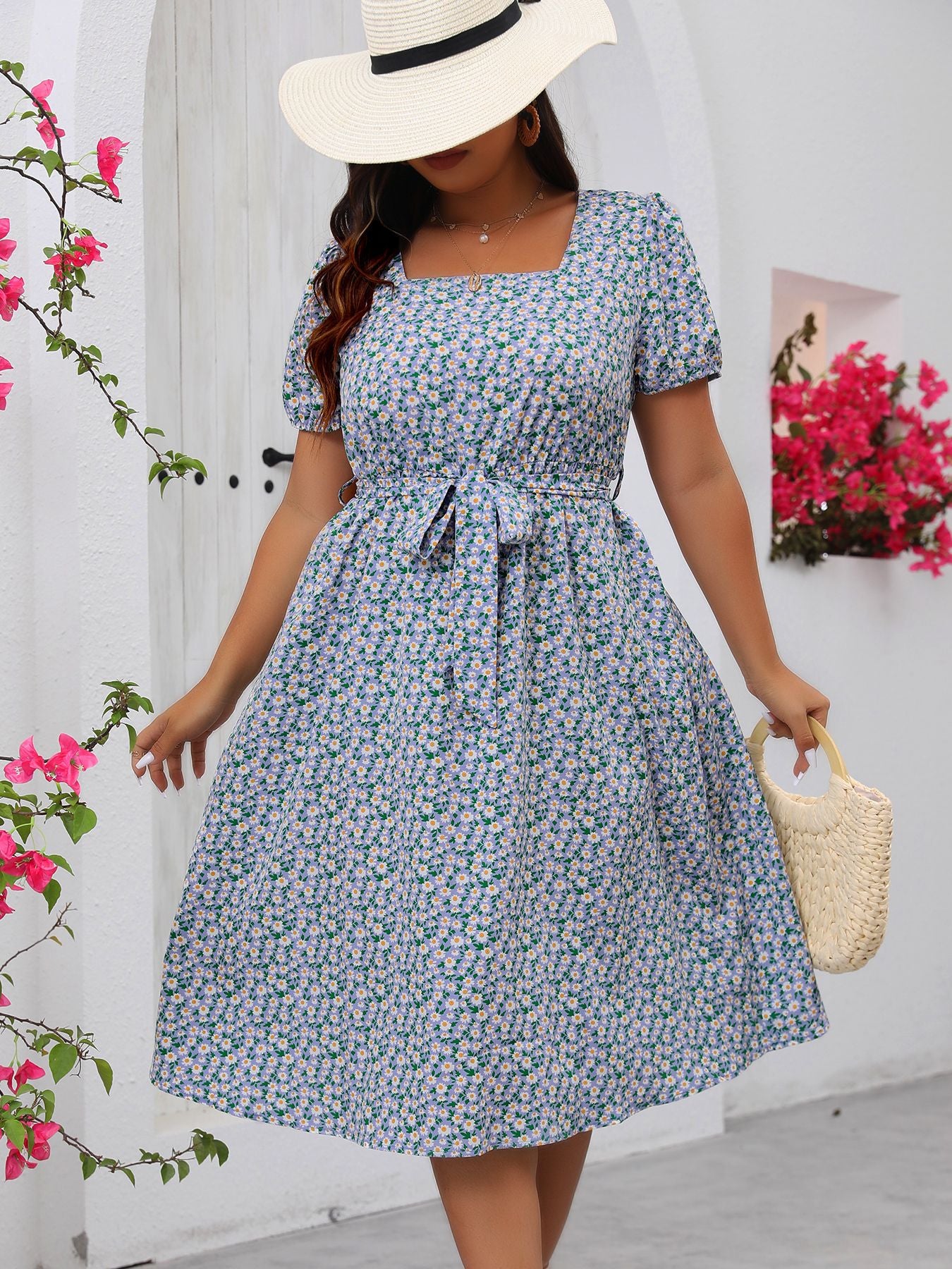 Blue Floral Square Neck Dress