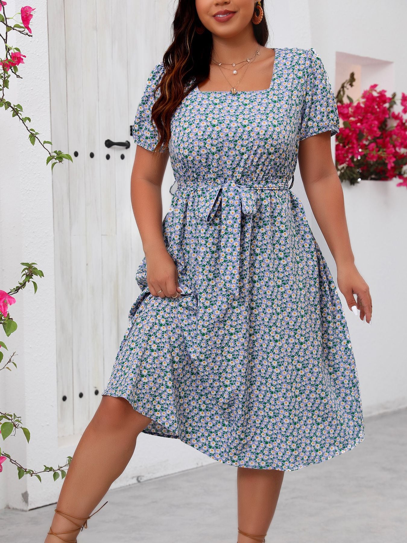 Blue Floral Square Neck Dress