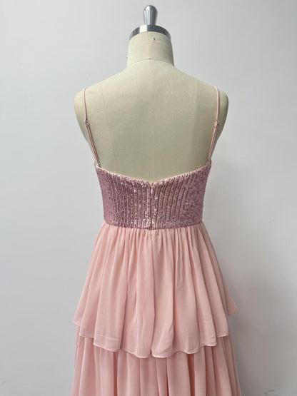 Pink Chiffon Stitching Sequined Three Layer Pleated Midi Dress Spring Summer Thin Strap Stitching Women Elegant Dress