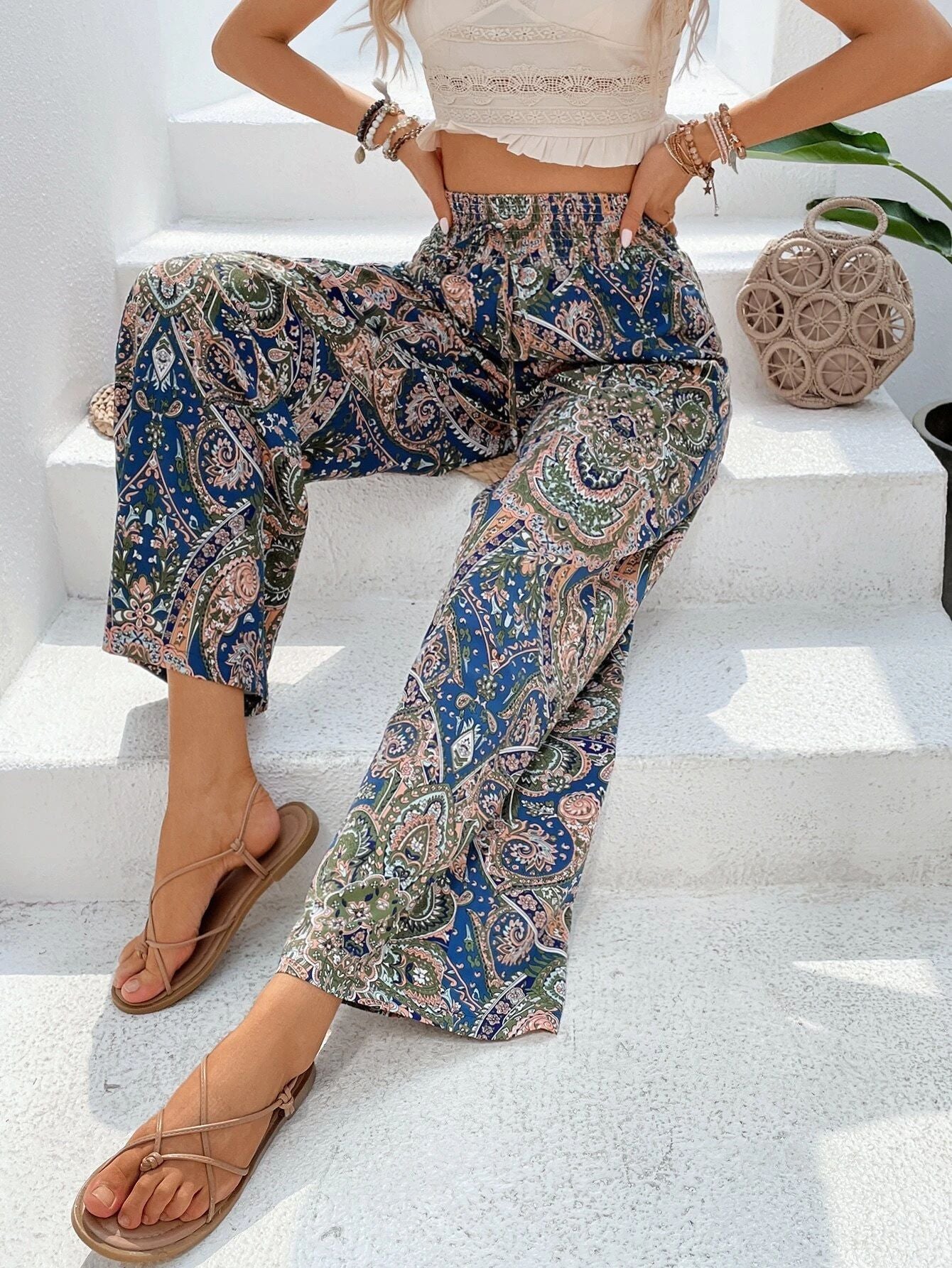 Paisley Printed Elastic Waist Wide Leg Pants