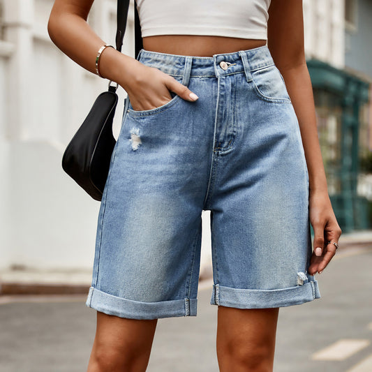 Loose Ripped Five Point Denim Shorts