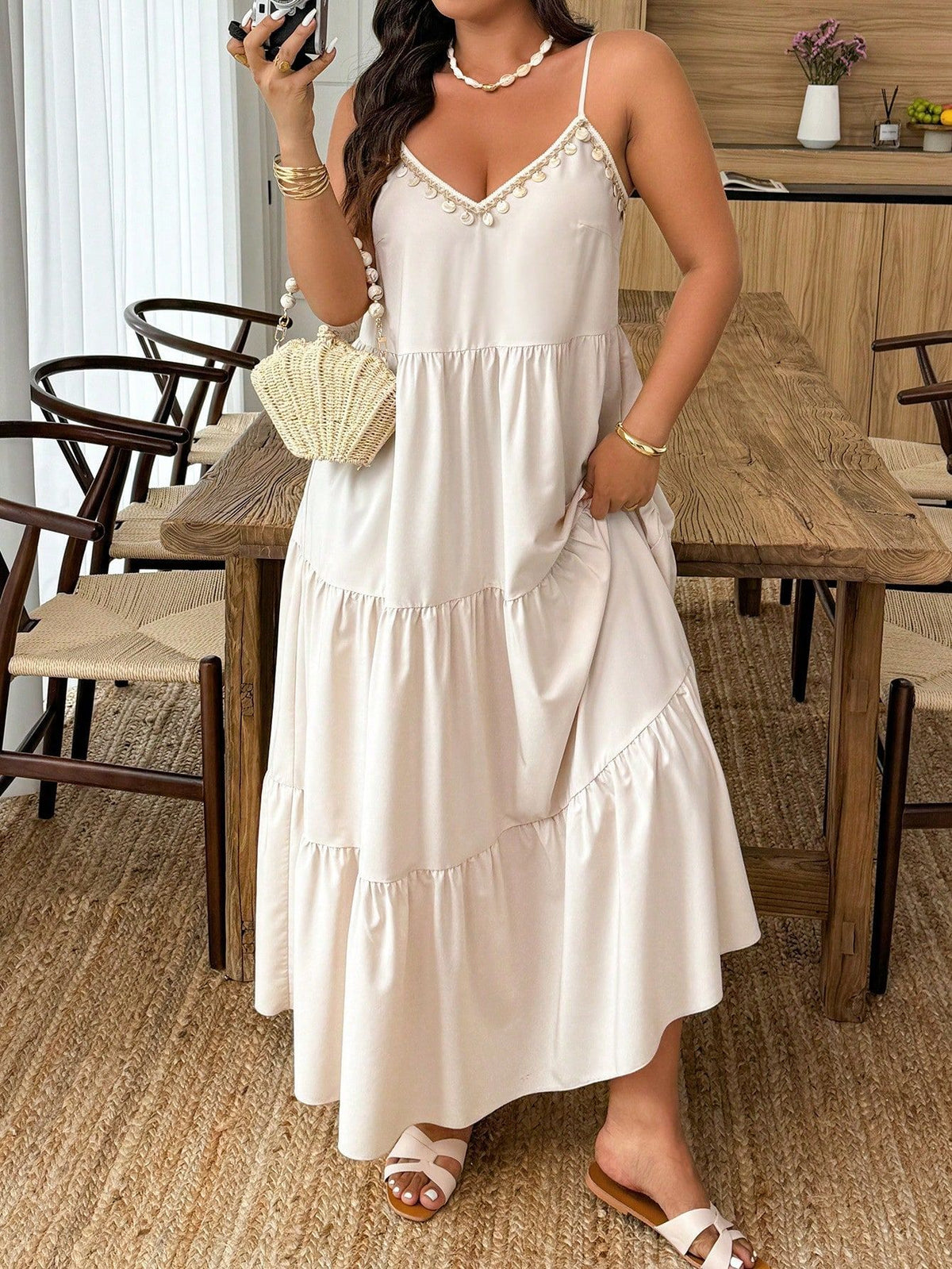 Khaki Tassel Trim Maxi Dress