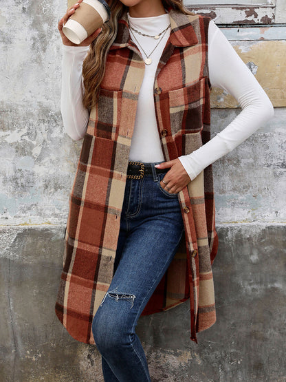 Sleeveless Collared Mid Length Plaid Vest