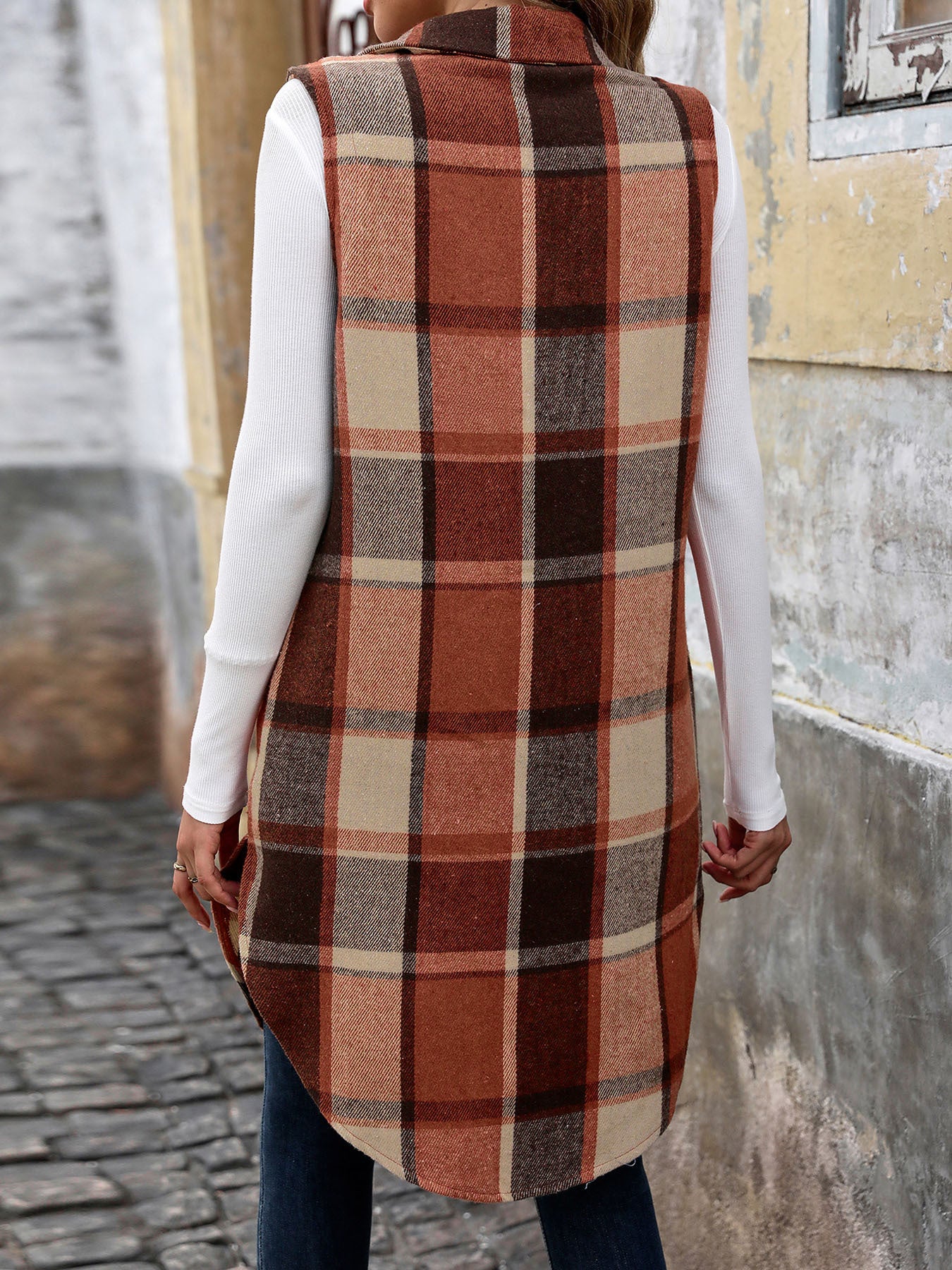 Sleeveless Collared Mid Length Plaid Vest