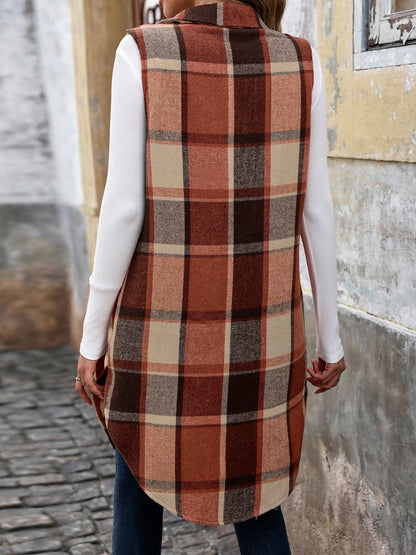 Sleeveless Collared Mid Length Plaid Vest