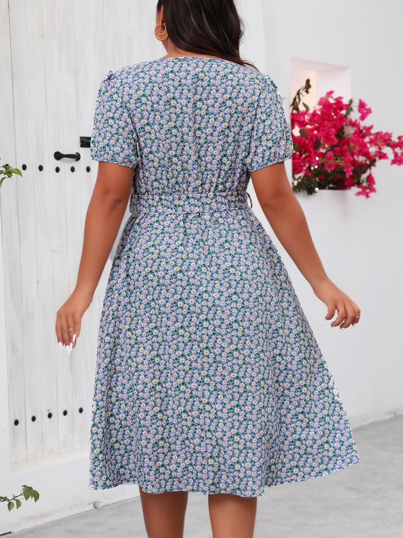 Blue Floral Square Neck Dress