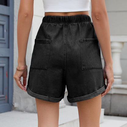 Summer Washed Curling Elastic Waistband Denim Shorts