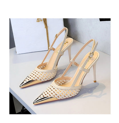 Woven Metal Pointed Toe Strap Stilettos