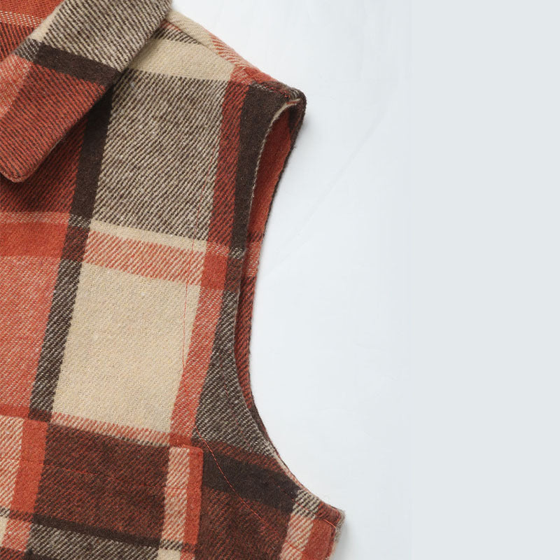 Sleeveless Collared Mid Length Plaid Vest
