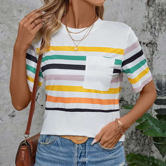 Color Striped Short Sleeved T shirt