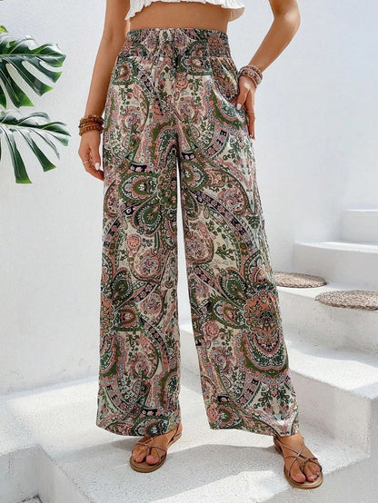 Paisley Printed Elastic Waist Wide Leg Pants