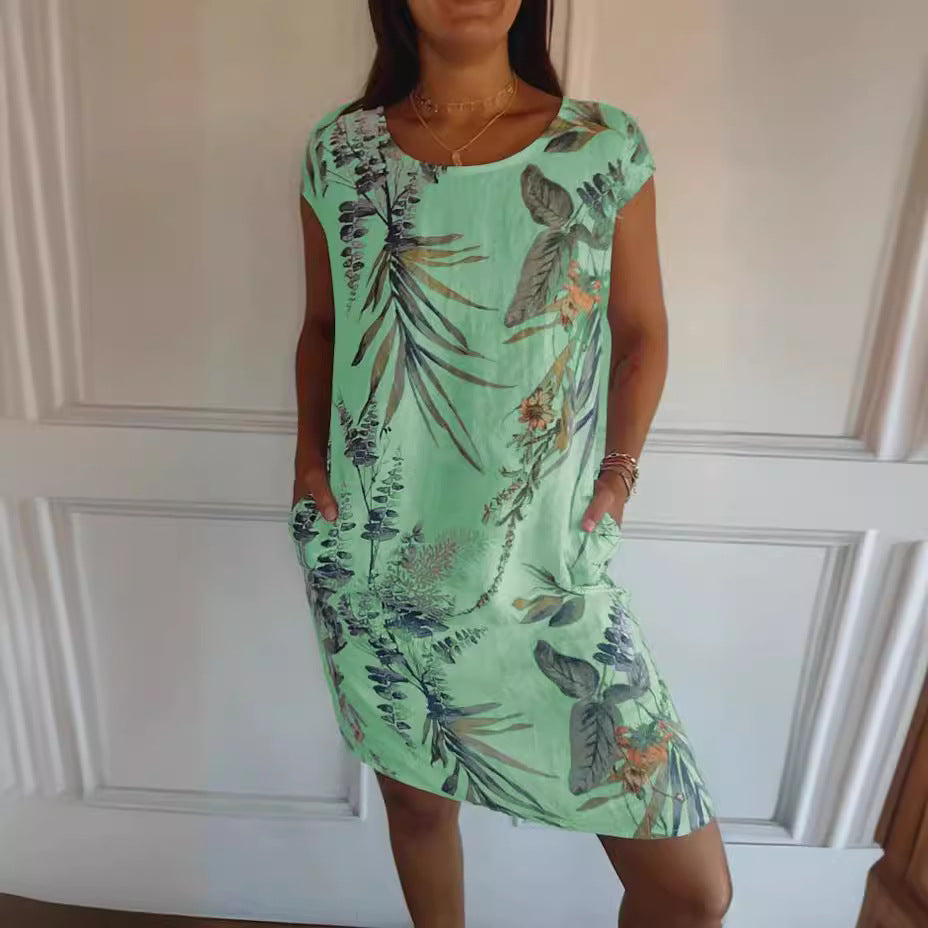 Cotton Linen Printed Dress w/ Pockets