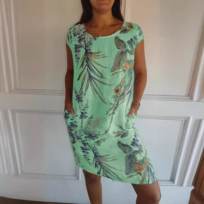 Cotton Linen Printed Dress w/ Pockets