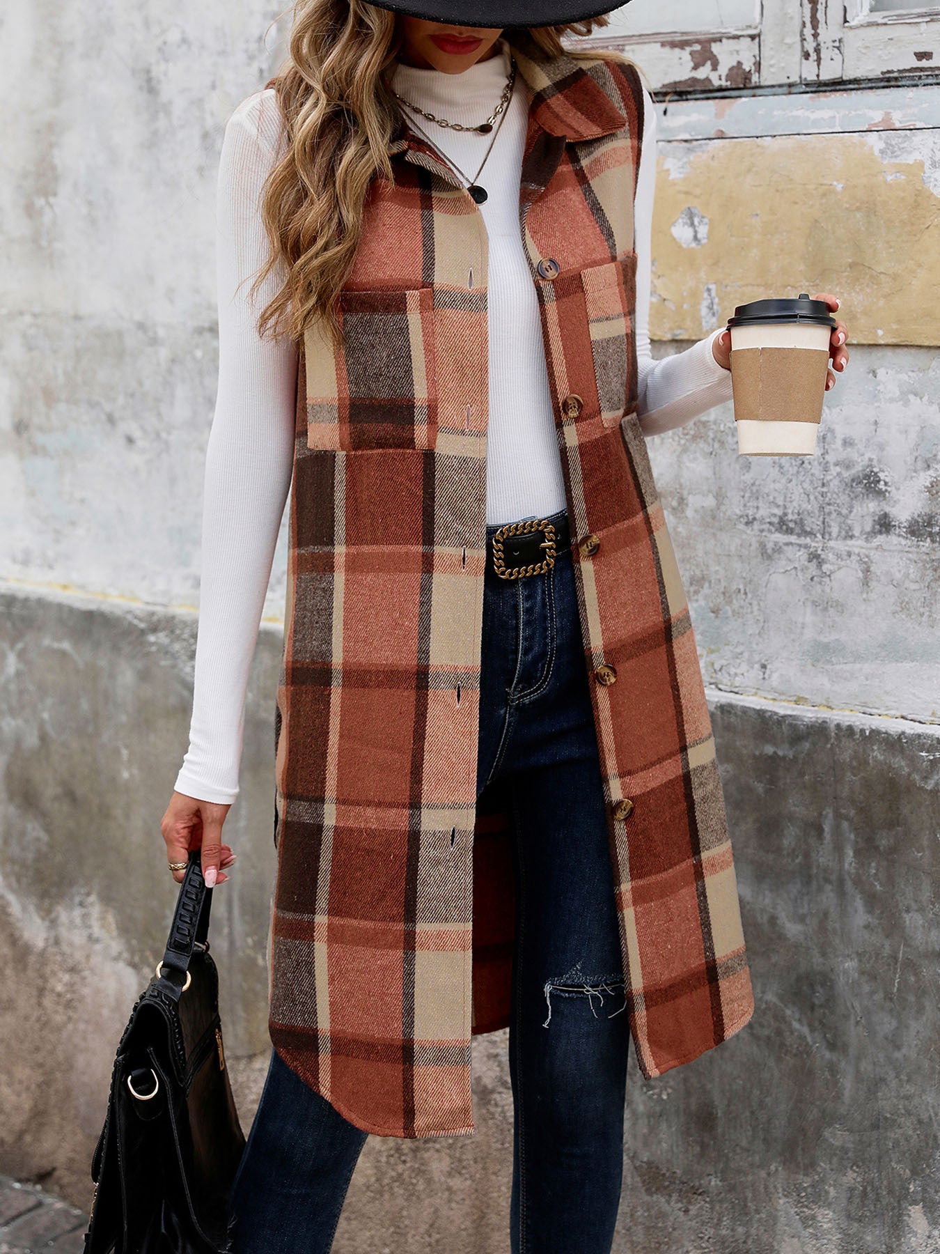 Sleeveless Collared Mid Length Plaid Vest