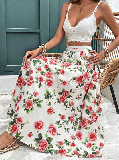 Rose Printed High Waist Skirt