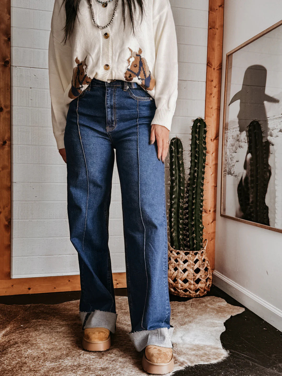 Washed Out Elastic Mid Waist Straight Cuffed Jeans