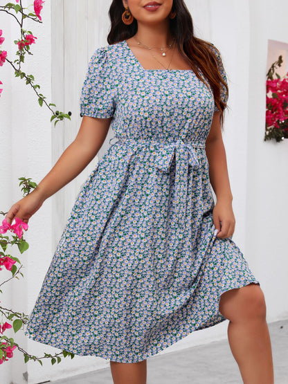 Blue Floral Square Neck Dress