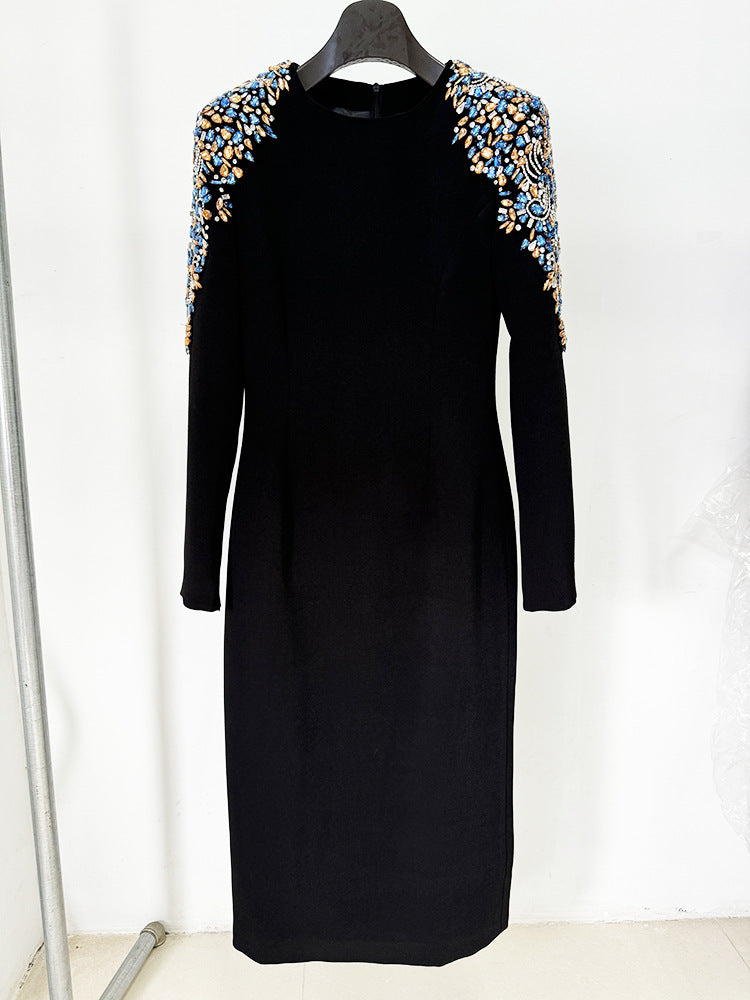 Rose Rhinestone Beads Mid Length Dress