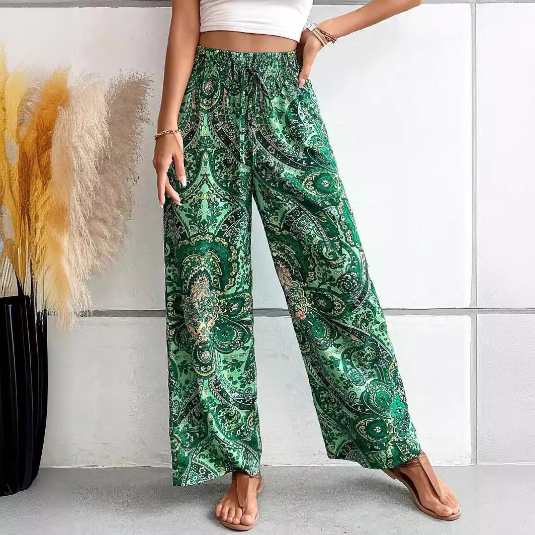 Paisley Printed Elastic Waist Wide Leg Pants