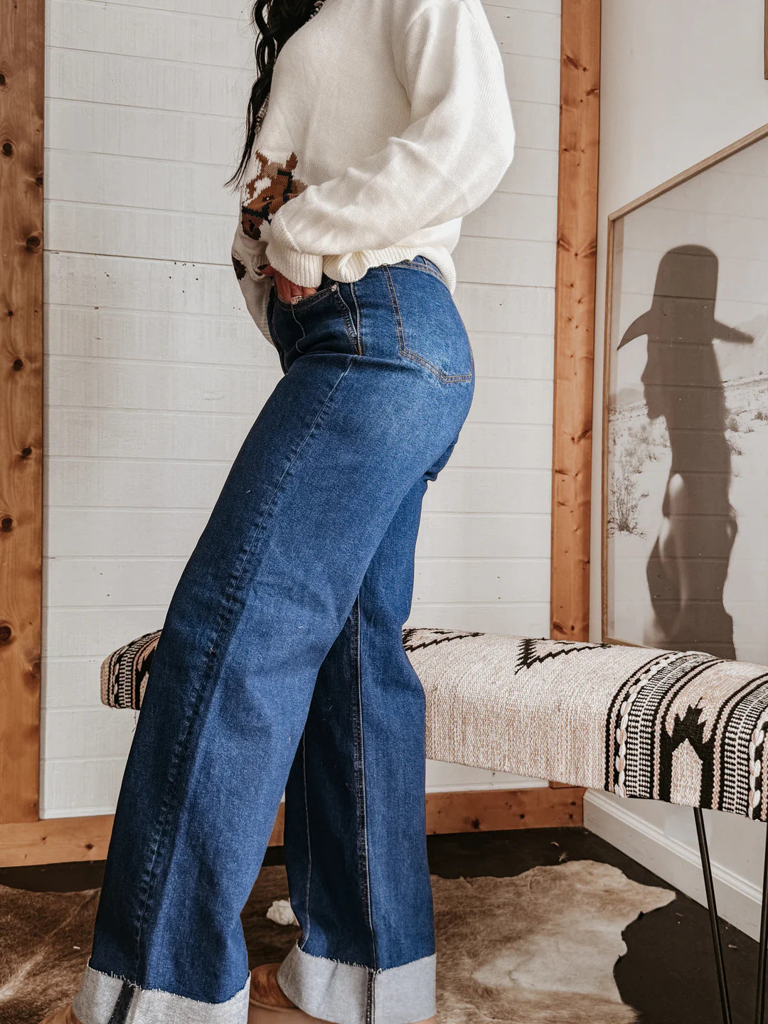 Washed Out Elastic Mid Waist Straight Cuffed Jeans