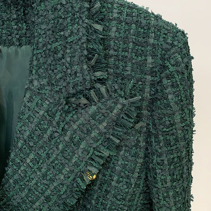 Dark Green Fringe Tweed Slim Fit Blazer