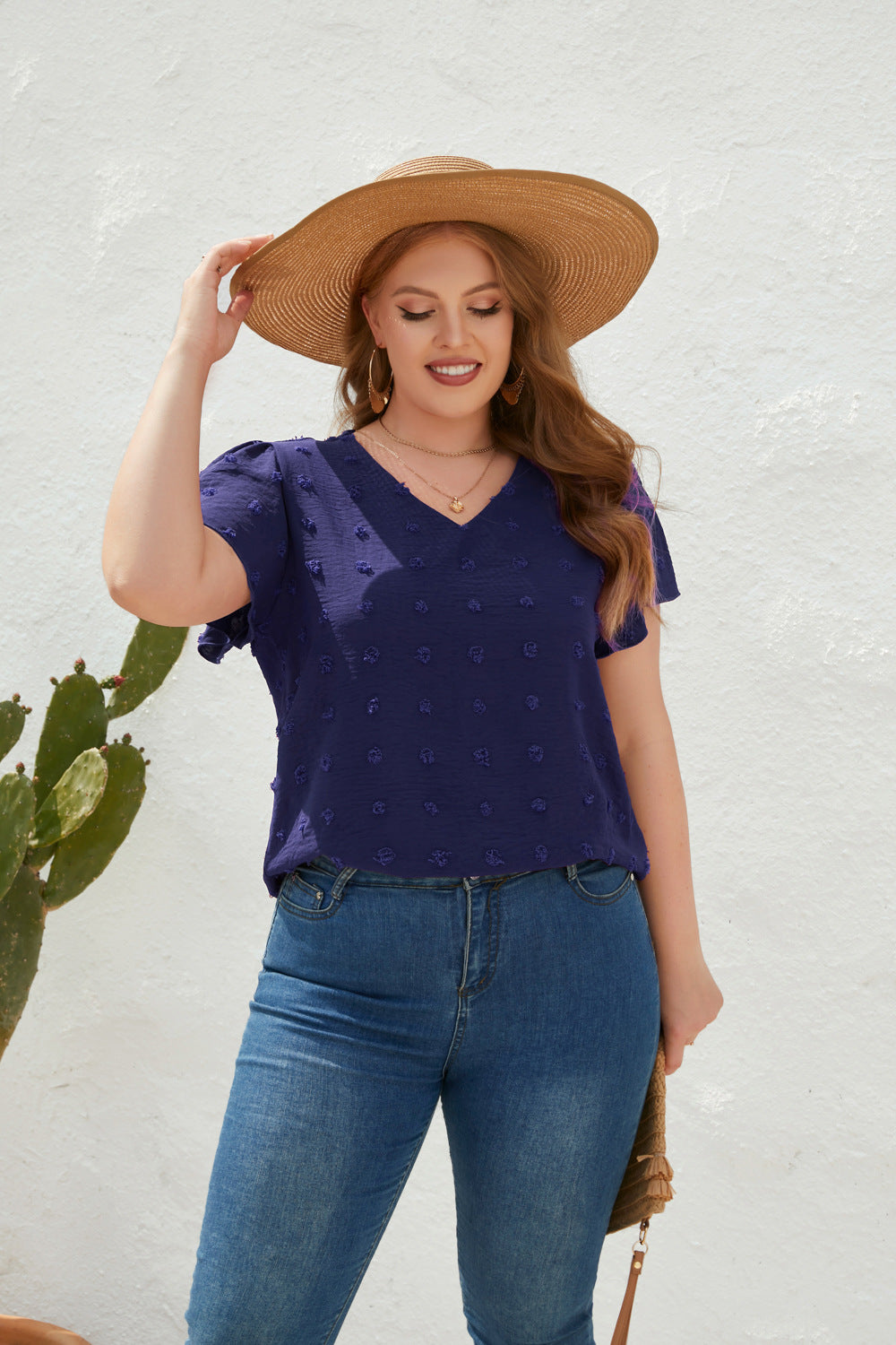V neck Fur Ball Short Sleeve Top