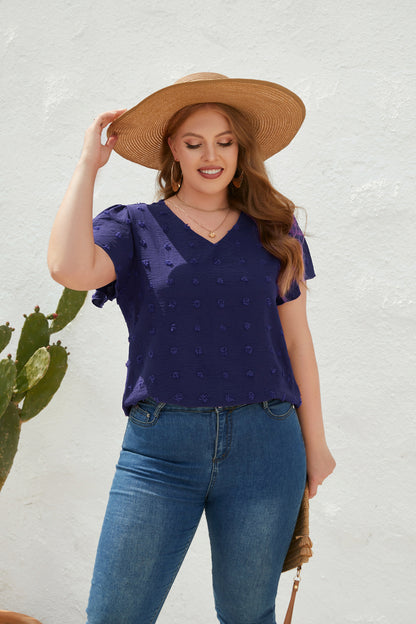 V neck Fur Ball Short Sleeve Top