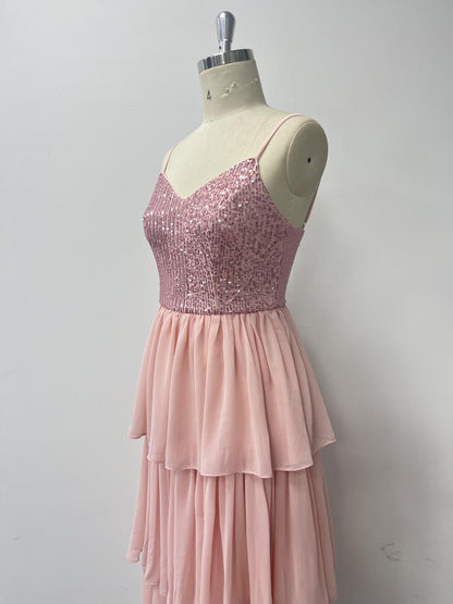 Pink Chiffon Stitching Sequined Three Layer Pleated Midi Dress Spring Summer Thin Strap Stitching Women Elegant Dress