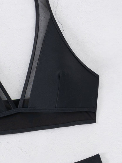 Black Mesh Stitching Lace-up Bikini