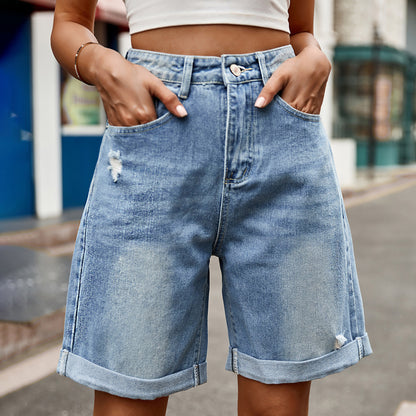 Loose Ripped Five Point Denim Shorts