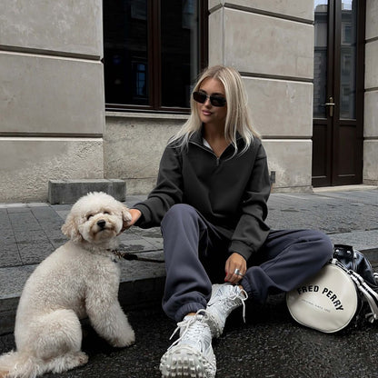 Fleece Lined Half Zipper Collared Sweatshirt