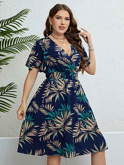V-neck Smocking Waist Slimming Dress