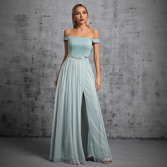Seafoam Off Shoulder Prom Evening Dress