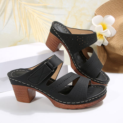 Cutout Wedge Velcro Beach Sandals