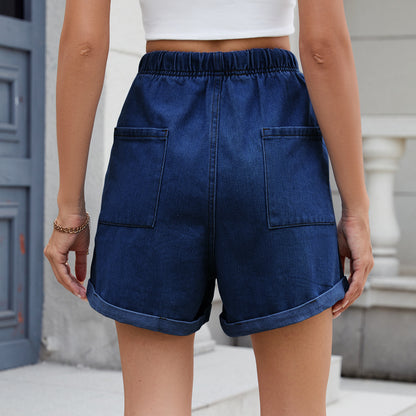 Summer Washed Curling Elastic Waistband Denim Shorts