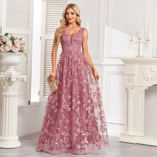 Pink V-neck Mesh Floral Print Dress