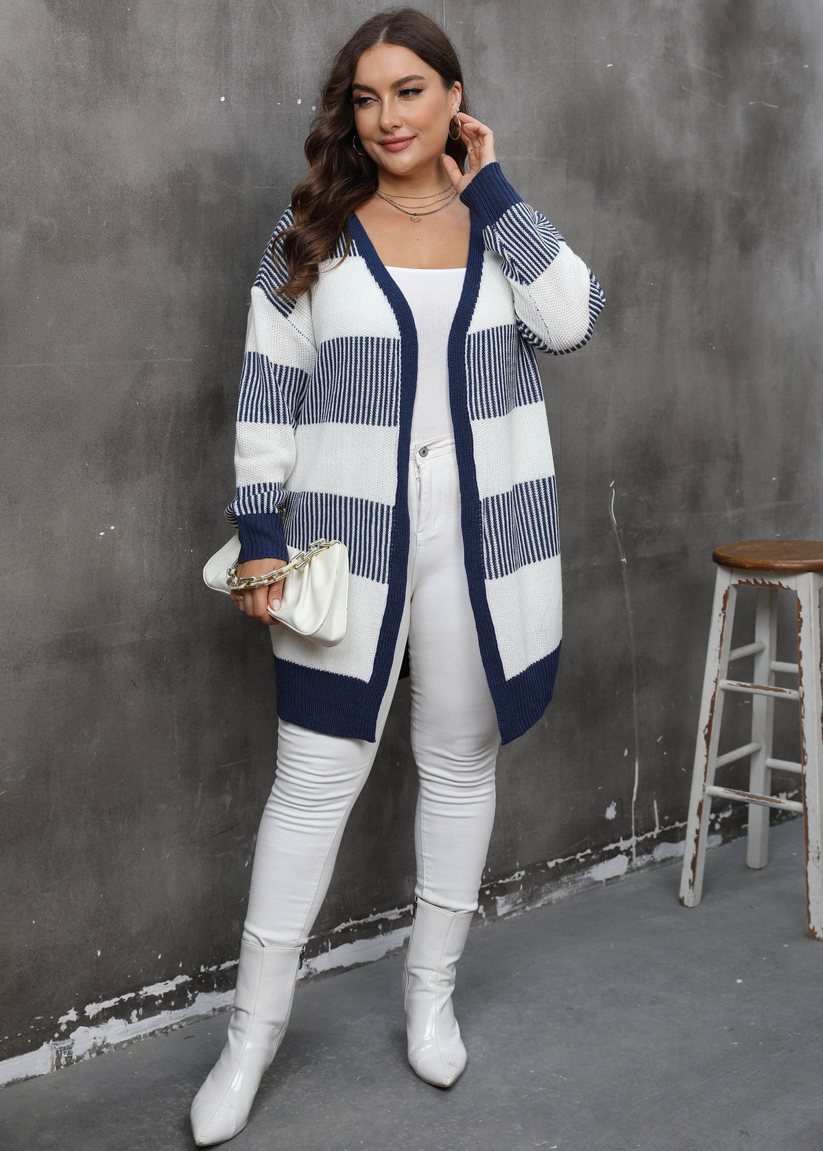 Navy Striped Open Cardigan