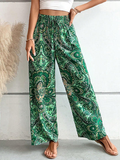 Paisley Printed Elastic Waist Wide Leg Pants