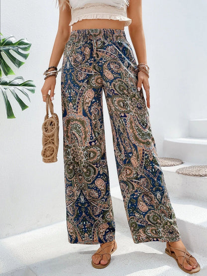 Paisley Printed Elastic Waist Wide Leg Pants