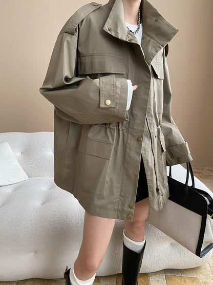 Fashionable Street Retro Design Stand Collar Profile Casual Overall Trench Coat