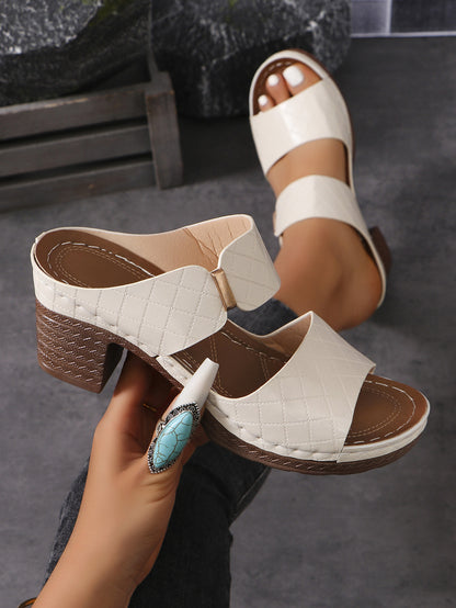 Open Toe Chunky Heel Embossed Sandals
