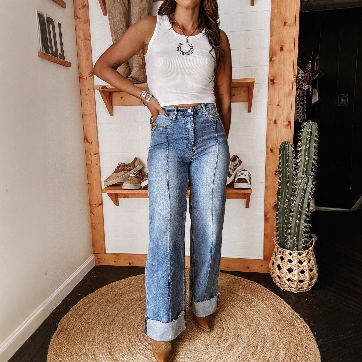 Washed Out Elastic Mid Waist Straight Cuffed Jeans