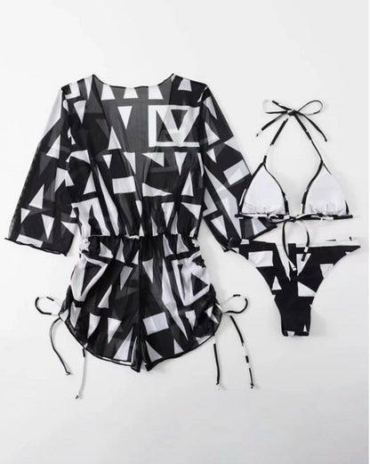 Three Piece Bikini Leaves Printed Set