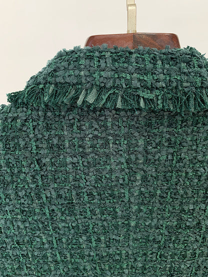 Dark Green Fringe Tweed Slim Fit Blazer