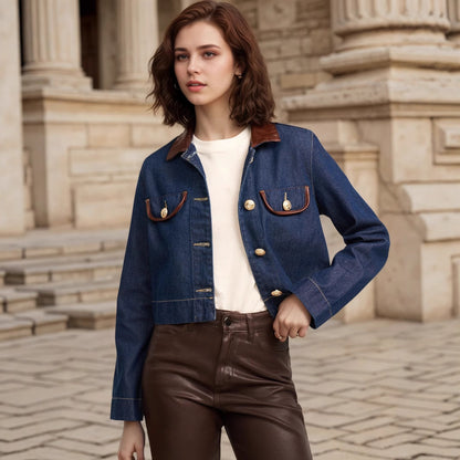 Button Embelishment with Leather Denim Jacket