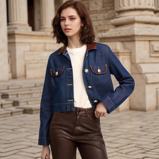 Button Embelishment with Leather Denim Jacket