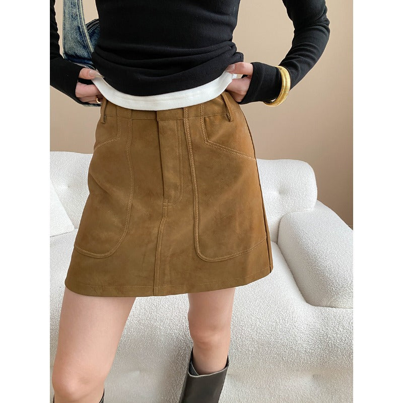 Faux Suede Large Pocket A-line Skirt