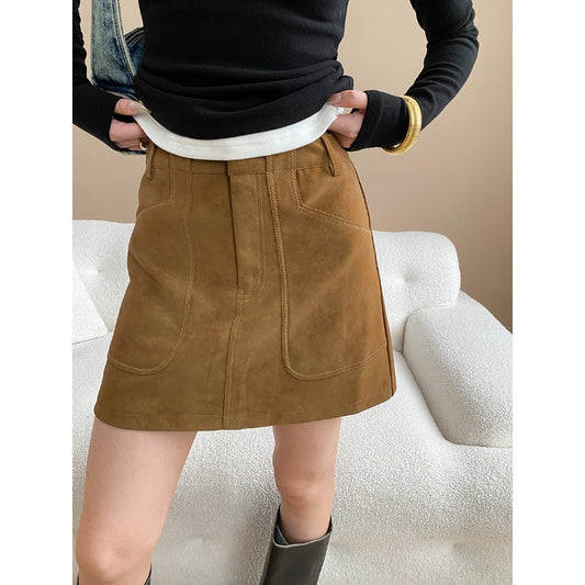 Faux Suede Large Pocket A-line Skirt